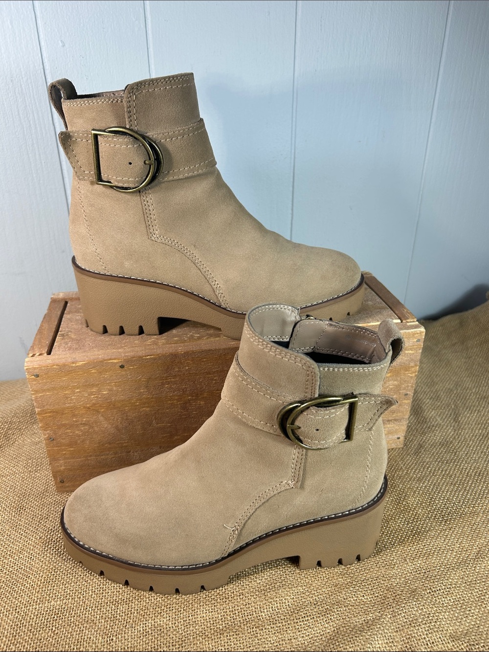Blondo Taupe Suede Waterproof Lug-Sole Ankle Boots with Buckle - Picture 4 of 11
